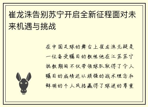 崔龙洙告别苏宁开启全新征程面对未来机遇与挑战