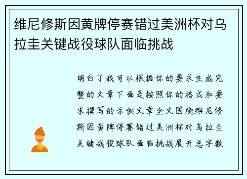 维尼修斯因黄牌停赛错过美洲杯对乌拉圭关键战役球队面临挑战