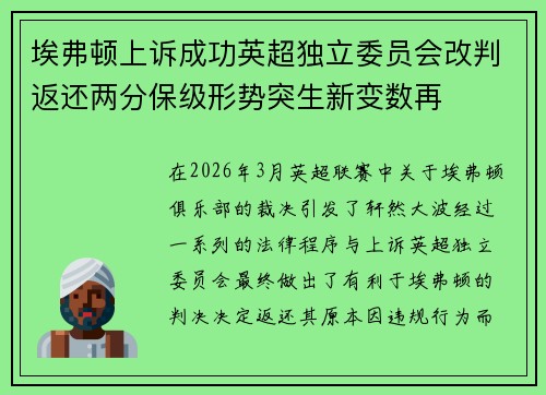 埃弗顿上诉成功英超独立委员会改判返还两分保级形势突生新变数再 埃弗顿上诉成功英超独立委员会改判返还两分保级形势突生新变数再