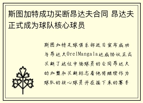 斯图加特成功买断昂达夫合同 昂达夫正式成为球队核心球员